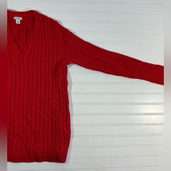 LL Bean Red Cable Knit Sweater Women’s Size Large V Neck Cotton - Picture 10 of 13